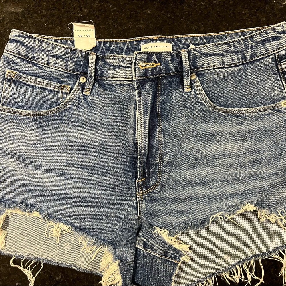 Good American Blue Frayed Denim Shorts
